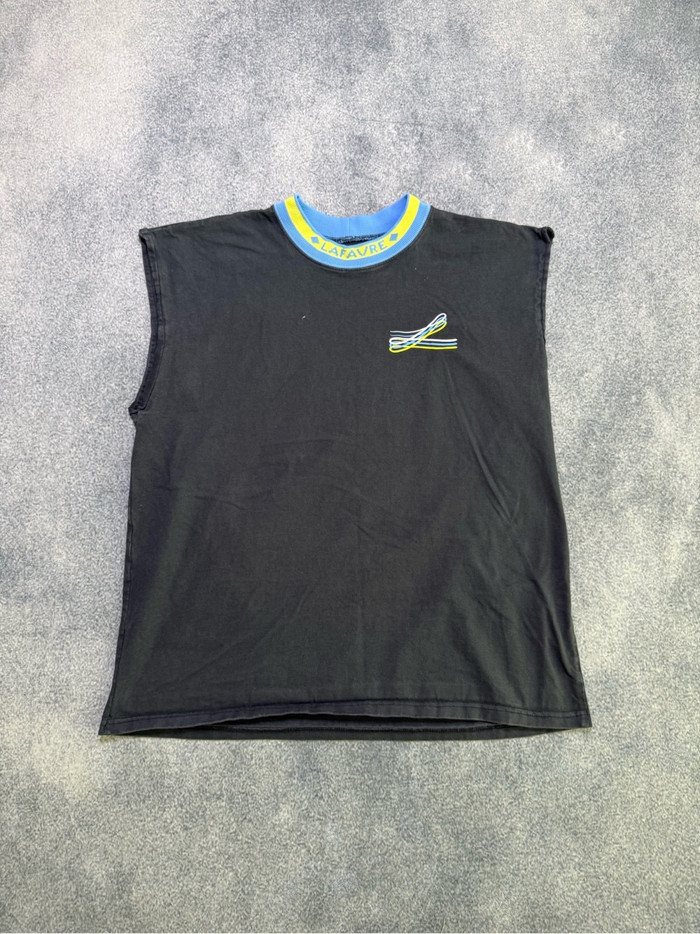 Black Sleeveless Tank Top with Blue & Yellow Neck Trim